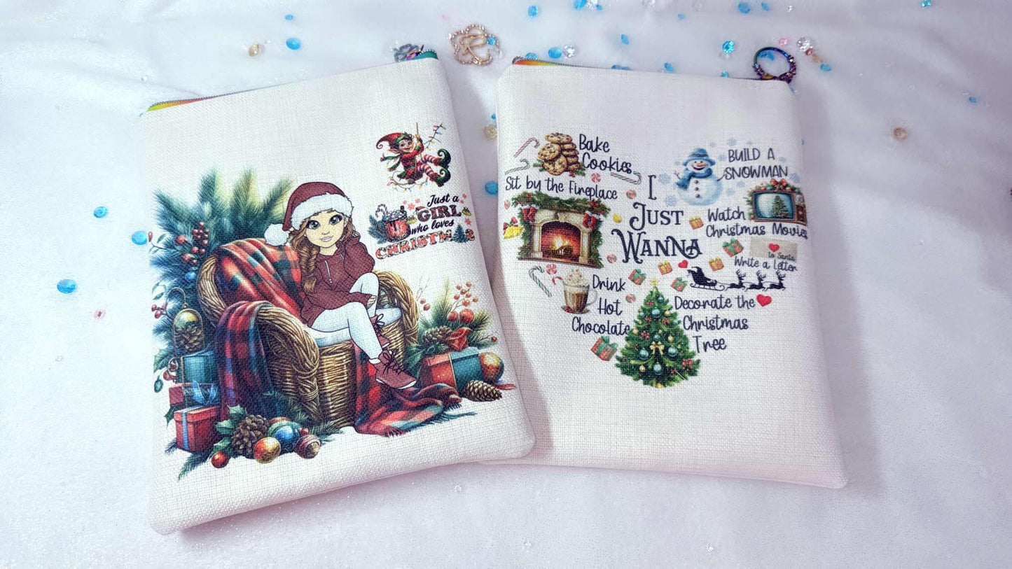 A book sleeve with a Christmas theme, featuring festive colors and holiday motifs, displayed open with front and back views.