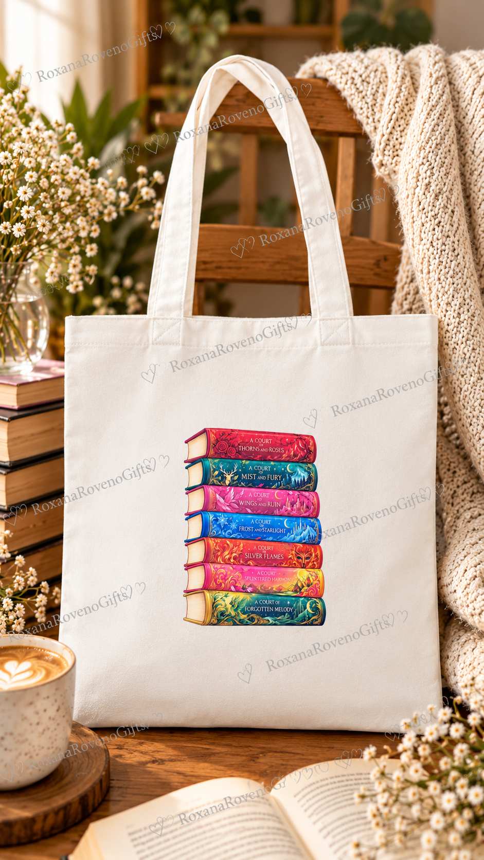 Tote Bag
Natural organic cotton canvas tote bag with colourful ACOTAR-inspired fantasy book stack illustration, surrounded by books and cosy accessories.