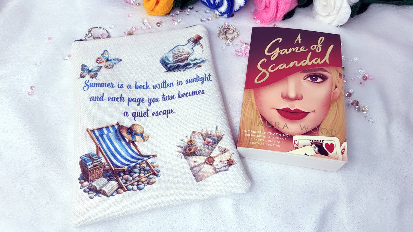 handmade book sleeve UK, summer book protector, personalised book sleeve gift, book pouch for travel, bookish gift ideas UK, beach reading accessories, book lover gift handmade, Hot booksh summer, girl read on the beach, Personalised gifts by RoxanaRoveno, quote book sleeve