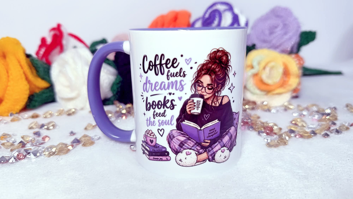 Purple 11oz book lover mug with coffee and reading design – left side view