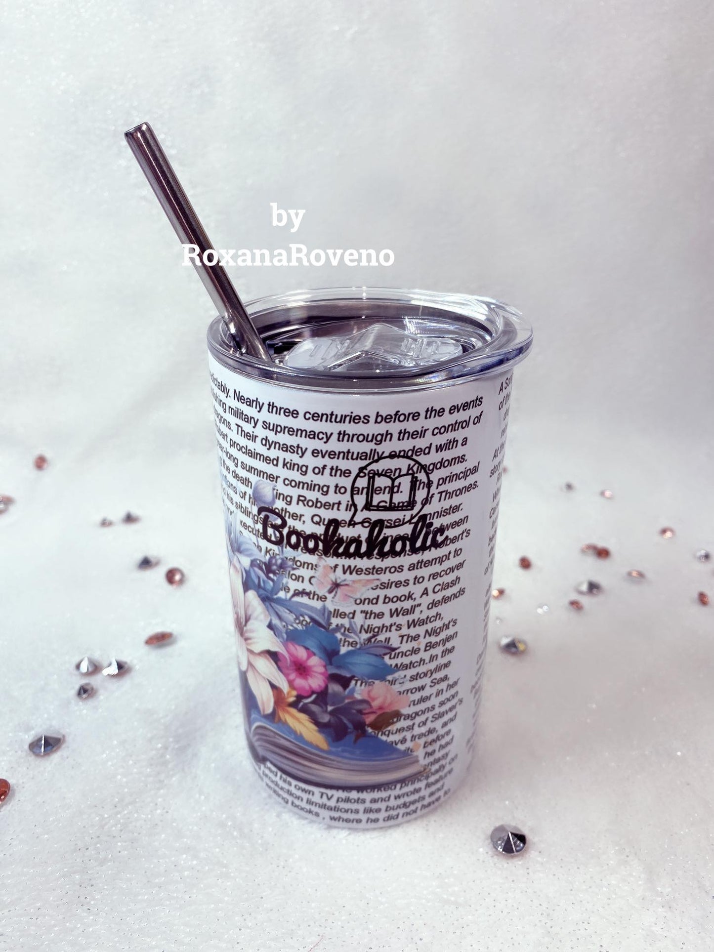 stainless steel personalised tumbler designed by roxana roveno with a gril who read a book perfect gift for drink and travel flowers and write bookaholic quote