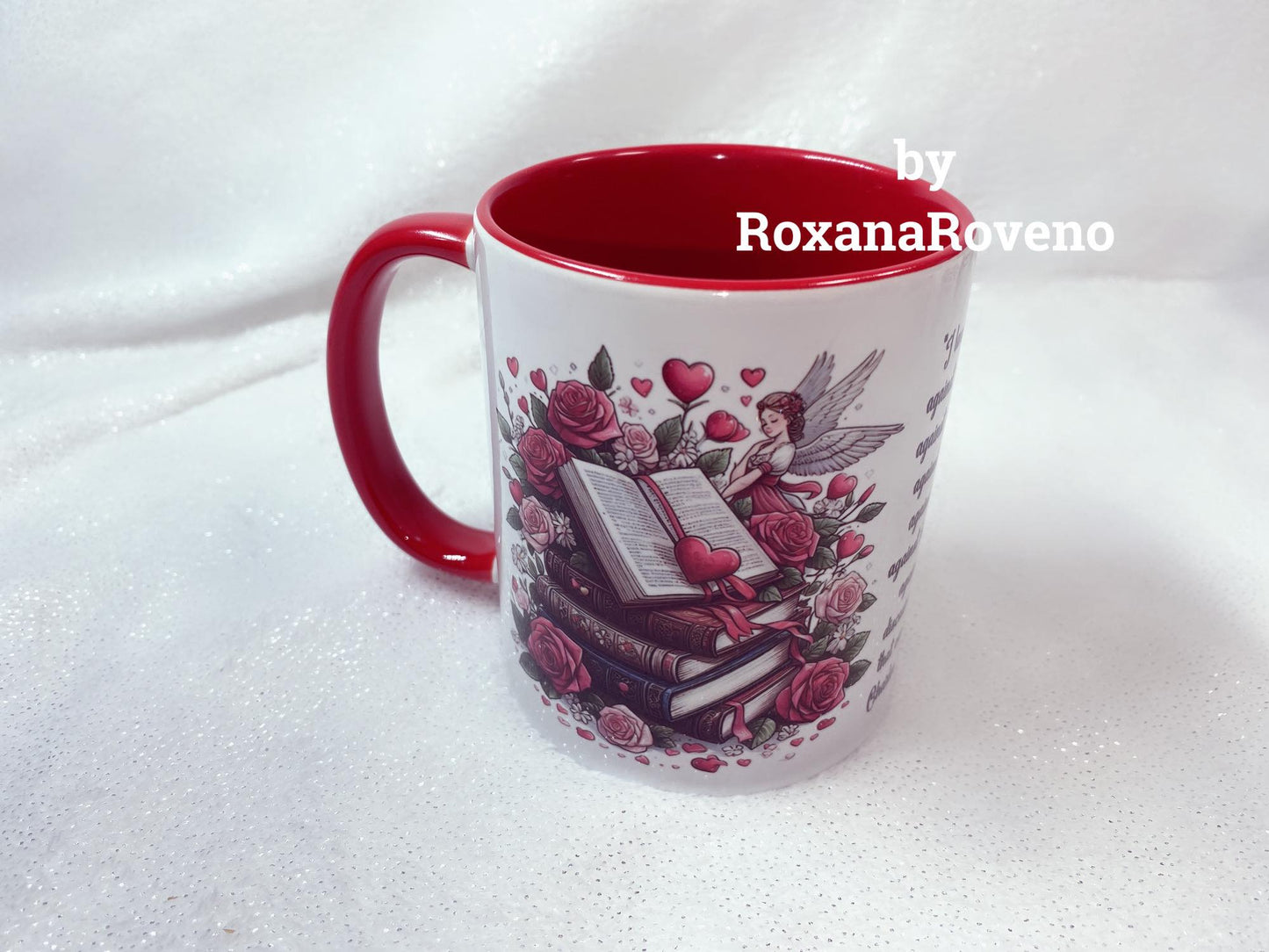 Personalised mug by Roxana roveno with a flower girl reading perfect gift for a book lover o coffee lover with stack of books