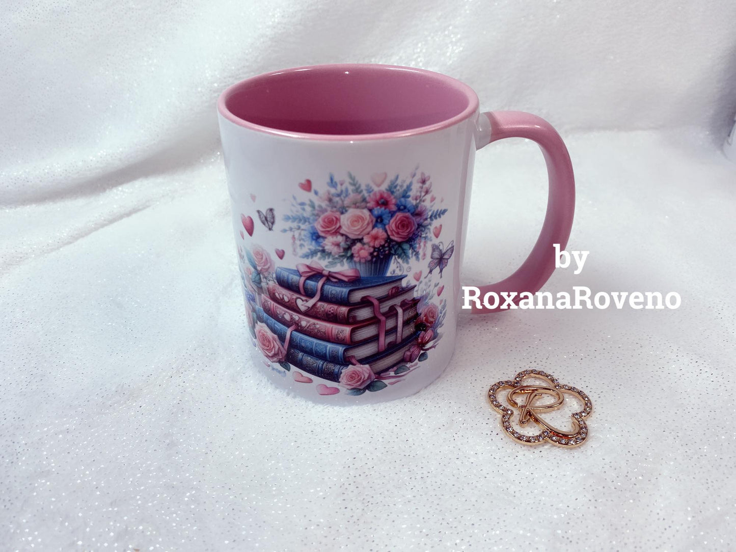 Personalised mug by Roxana Roveno special gift or a book lover with a stack of books with flowers around special gift for Valentine's day