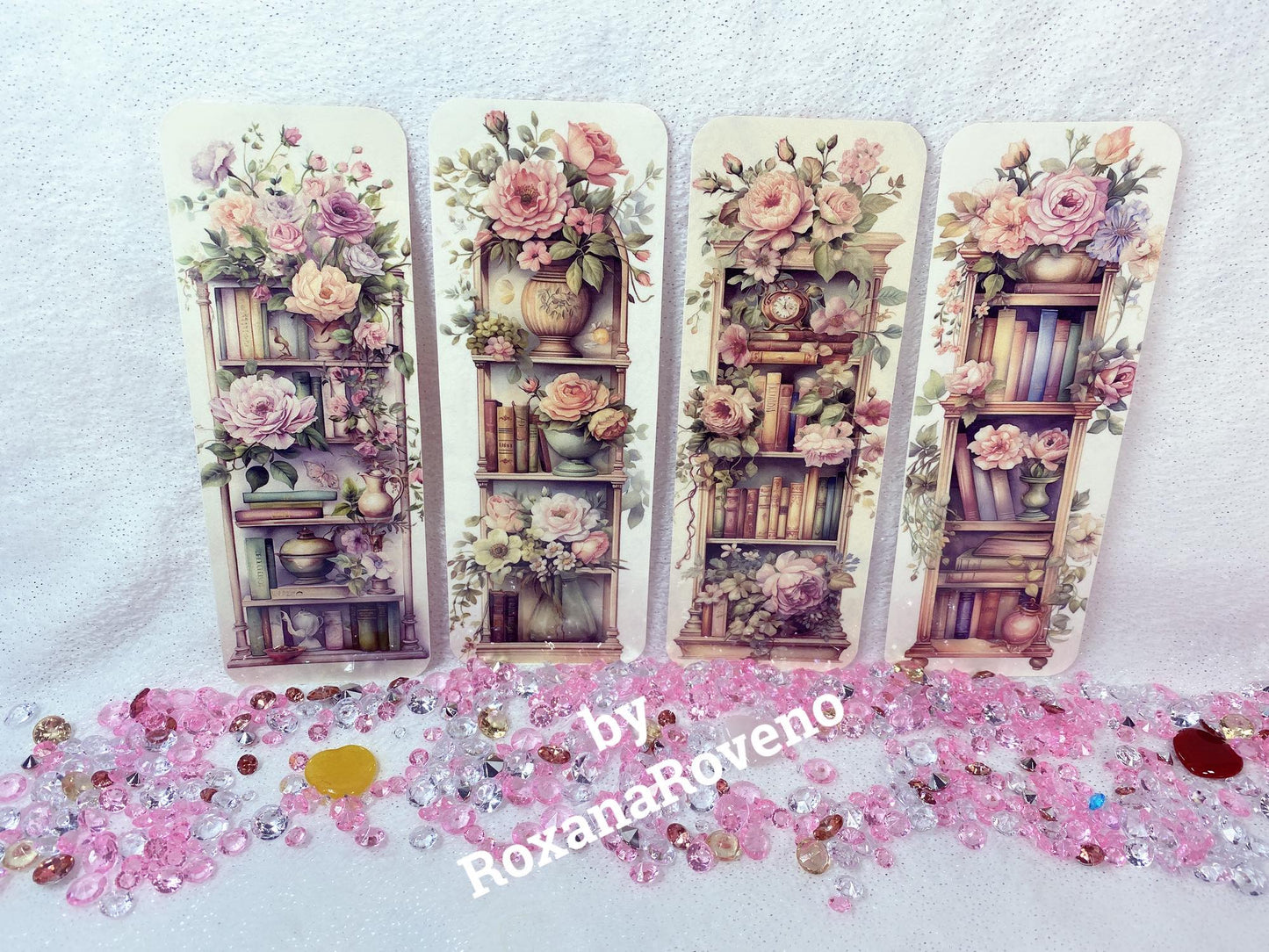 Beige Pink Flower, 4 piece Bookmark Set, Thick Laminated Paper Bookmarks Set