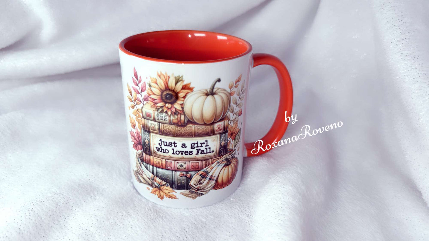 Pwrsonalised Autumn Mug by Roxana Roveno special designed for a book lover perfect gift for her with quote "just a girl who loves fall"