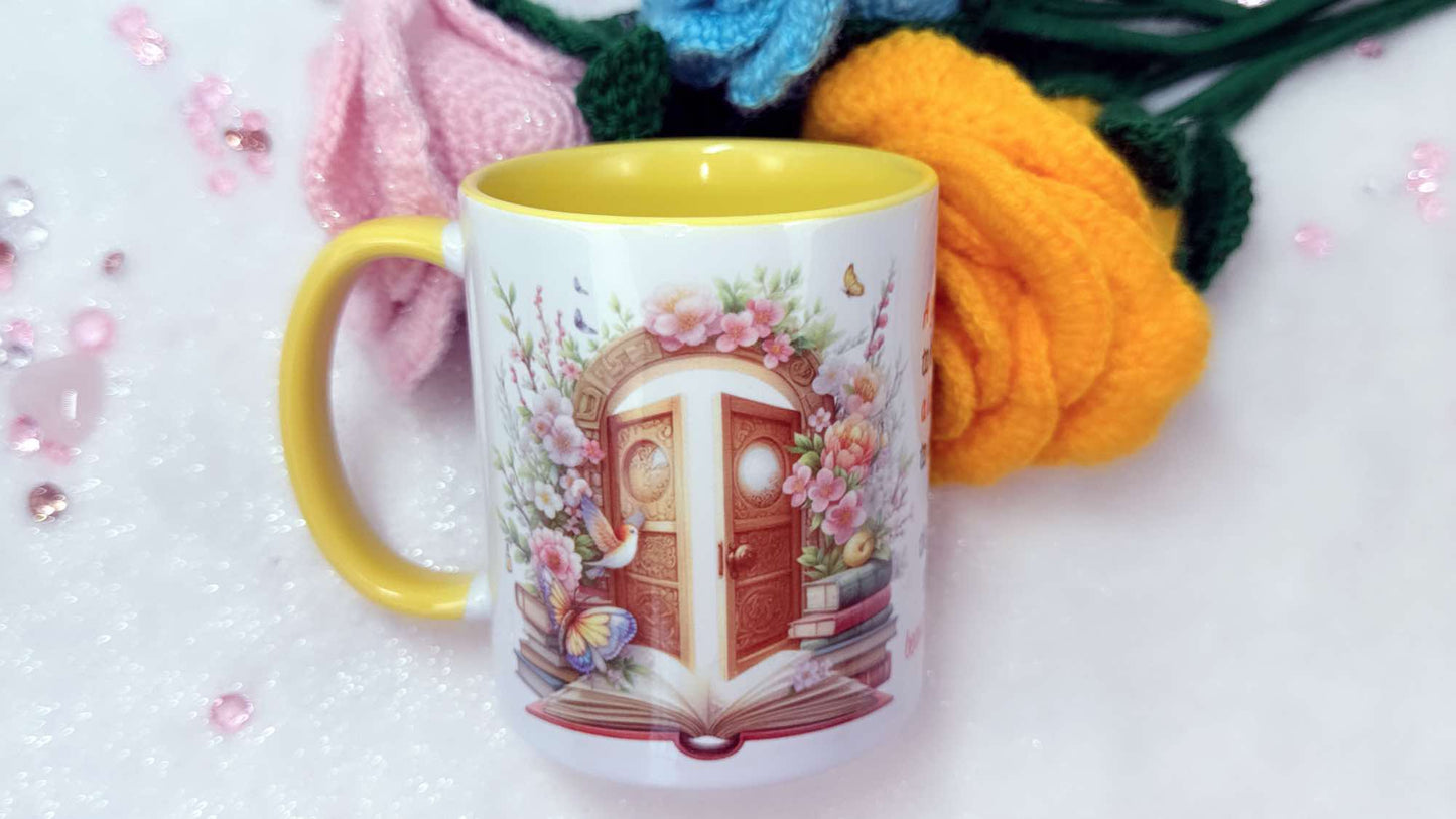 Personalised Mug by Roxana Roveno with Spring flowera and a magic door with spring flowers and classic books Perfect gift for Mother's Day Woman's Day Book lover
