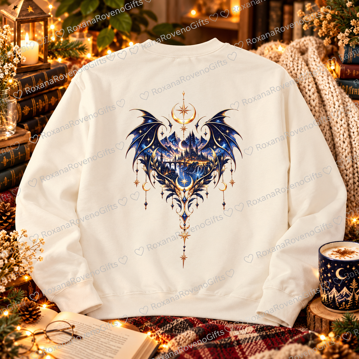 Back of a white fantasy bookish sweatshirt featuring a magical Night Court-inspired city framed by midnight blue wings, crescent moons, mountains and golden stars, by RoxanaRovenoGifts.