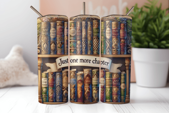 Book Lover Reading Tumbler personalised gifts by Roxana Roveno perfect gift for a book lover quote 'Just one more chapter'