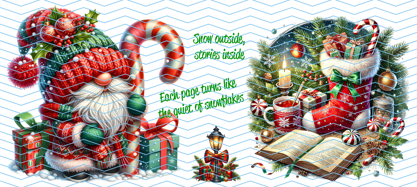 Christmas-themed illustration with a gnome, candy cane, and stockings on a white background.