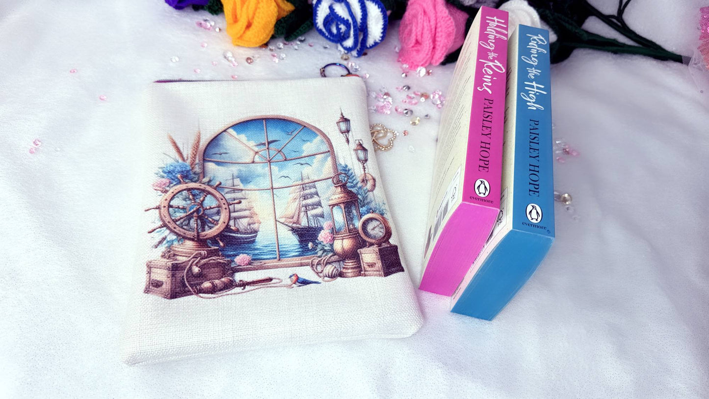 Roxana Roveno Designed by, Book sleeve, Perfect Gift, Nautical, summer, handmade book sleeve UK, summer book protector, personalised book sleeve gift, book pouch for travel, bookish gift ideas UK, beach reading accessories, book lover gift handmade