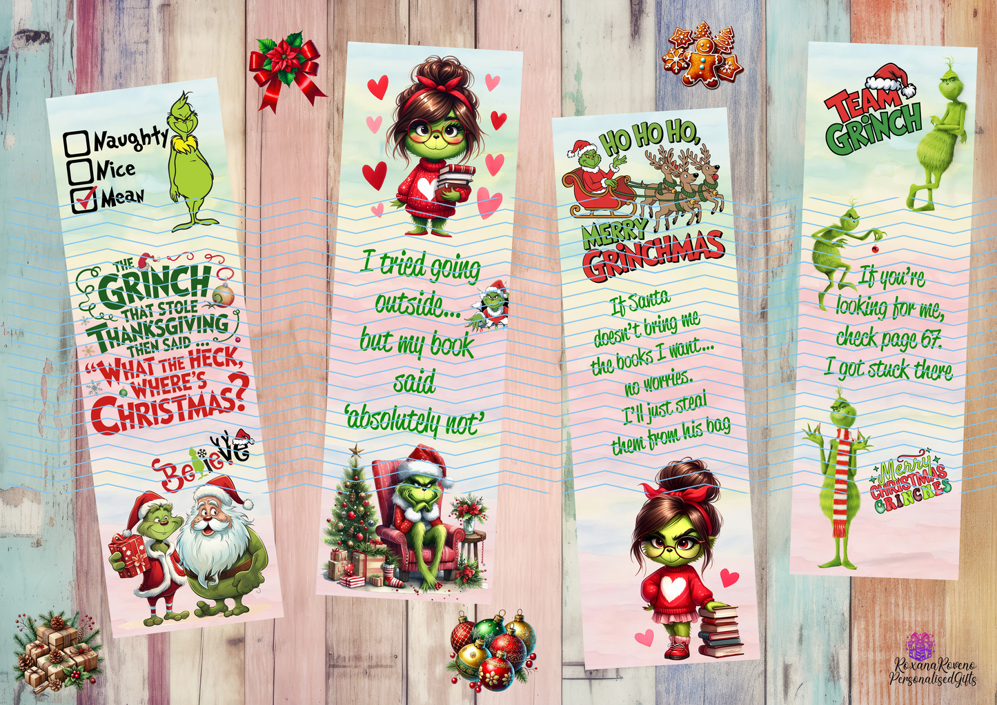 Set of Christmas-themed bookmarks with characters and text on a wooden background. personalised gifts By Roxana Roveno