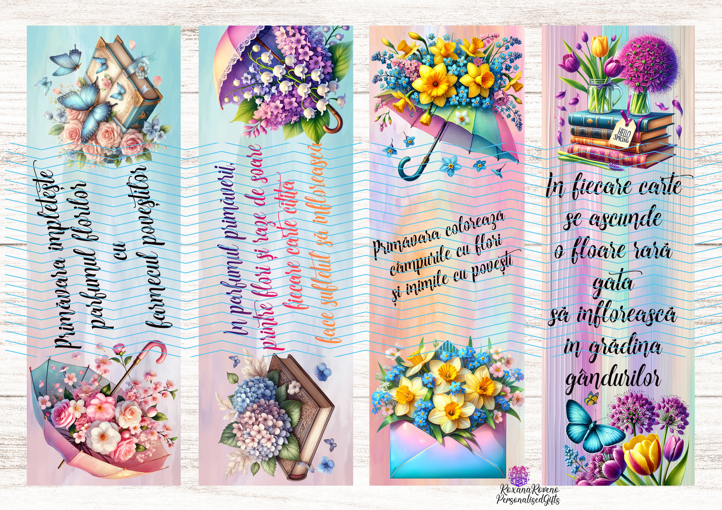 Set of colorful bookmarks with floral designs and text on a white background