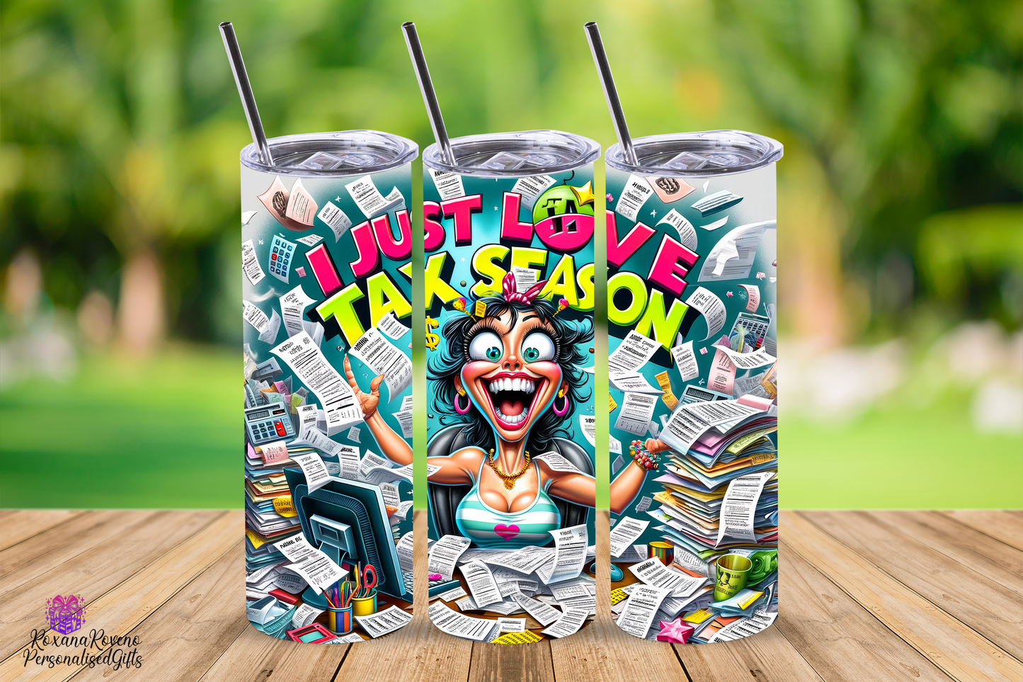 Personalised tumbler by Roxana Roveno with a funny accountant lady in tax season perfect gift for a funny and sarcastic people