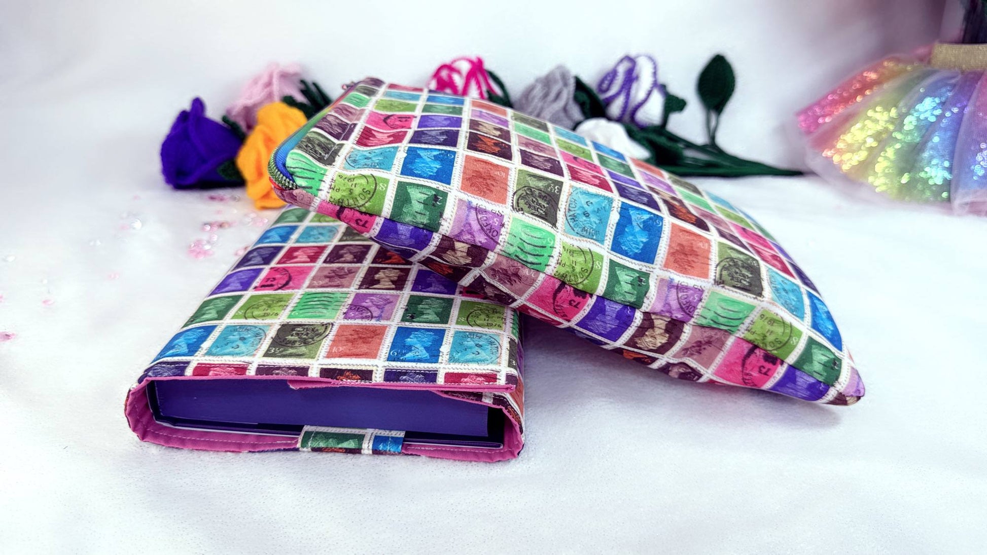 premium handmade book covers, designed for book lovers who care about their books as much as they care about reading them. special designed by Roxana Roveno, with postage stamp print book sleeve and book cover set