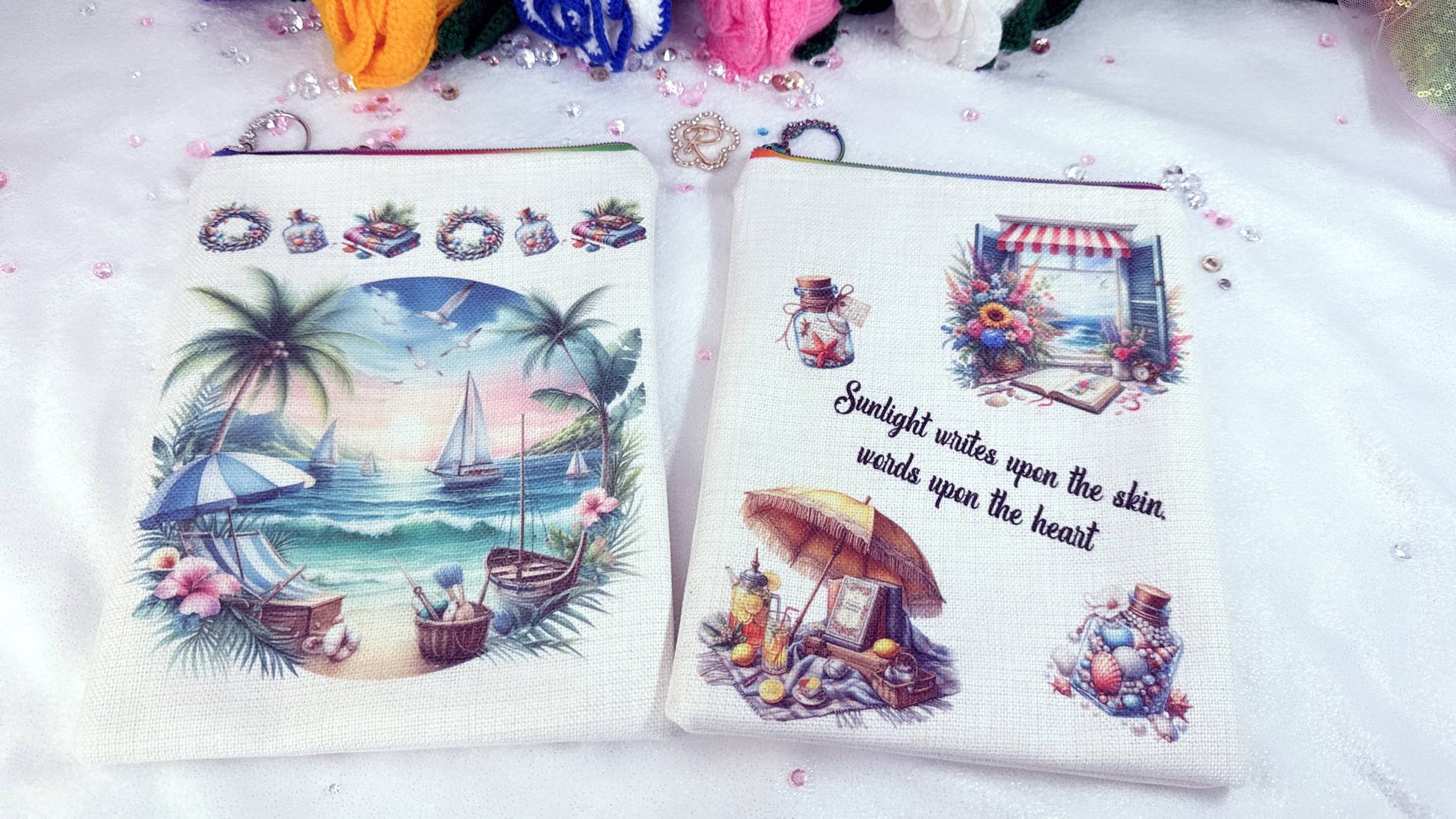 handmade personalised book sleeve "Sunlight writes upon the skin, Book Lover"&nbsp;made from the highest quality materials and vibrant colors.&nbsp;The rainbow zip adds a stylish touch while providing excellent protection for your books, ensuring they remain safe wherever you go. These unique book sleeve provide protection for your favorite books, journals or notebooks. designed by Roxana Roveno beach sun "sunlight writes upon the skin,..."