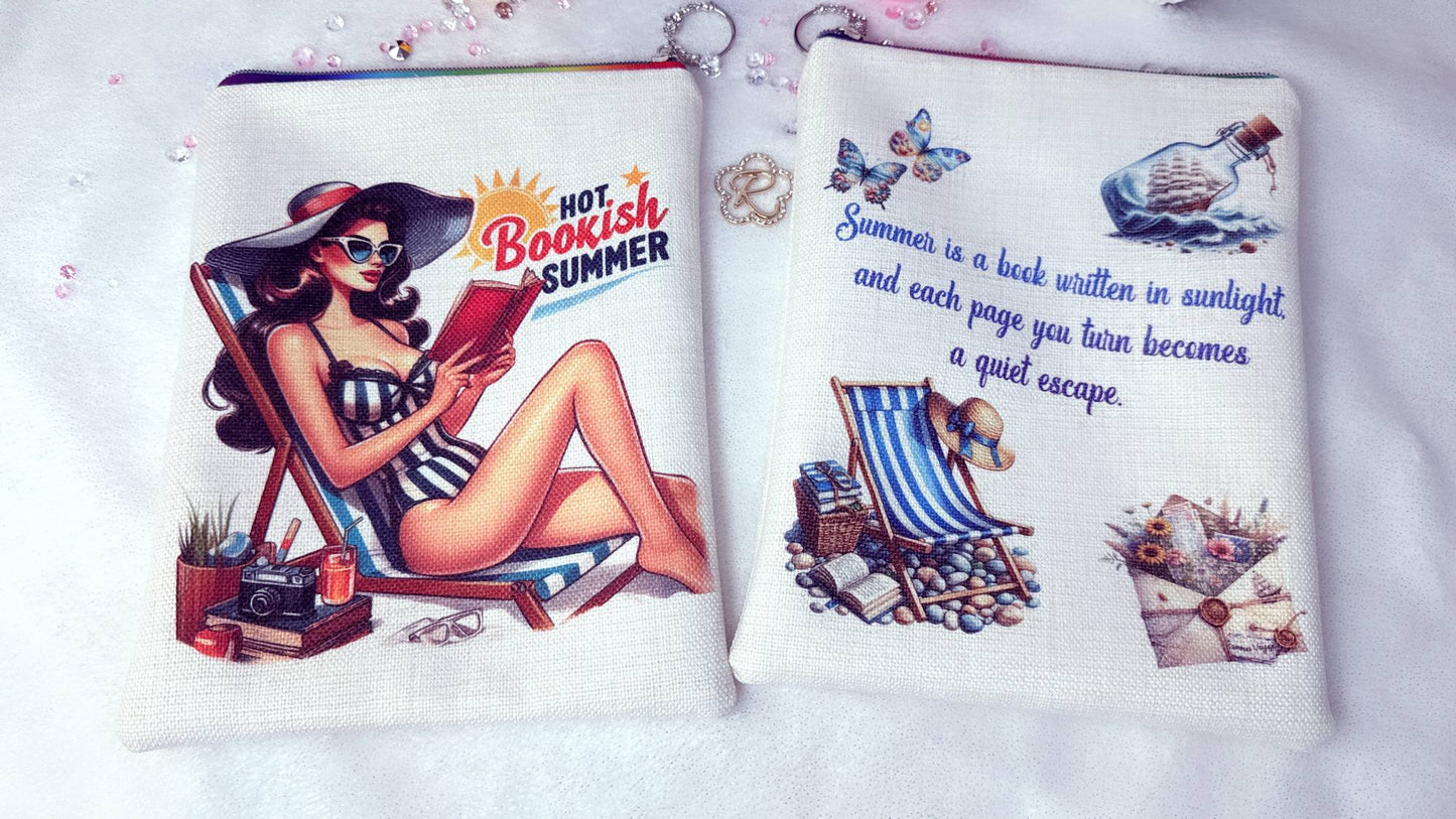 handmade book sleeve UK, summer book protector, personalised book sleeve gift, book pouch for travel, bookish gift ideas UK, beach reading accessories, book lover gift handmade, Hot booksh summer, girl read on the beach, Personalised gifts by RoxanaRoveno