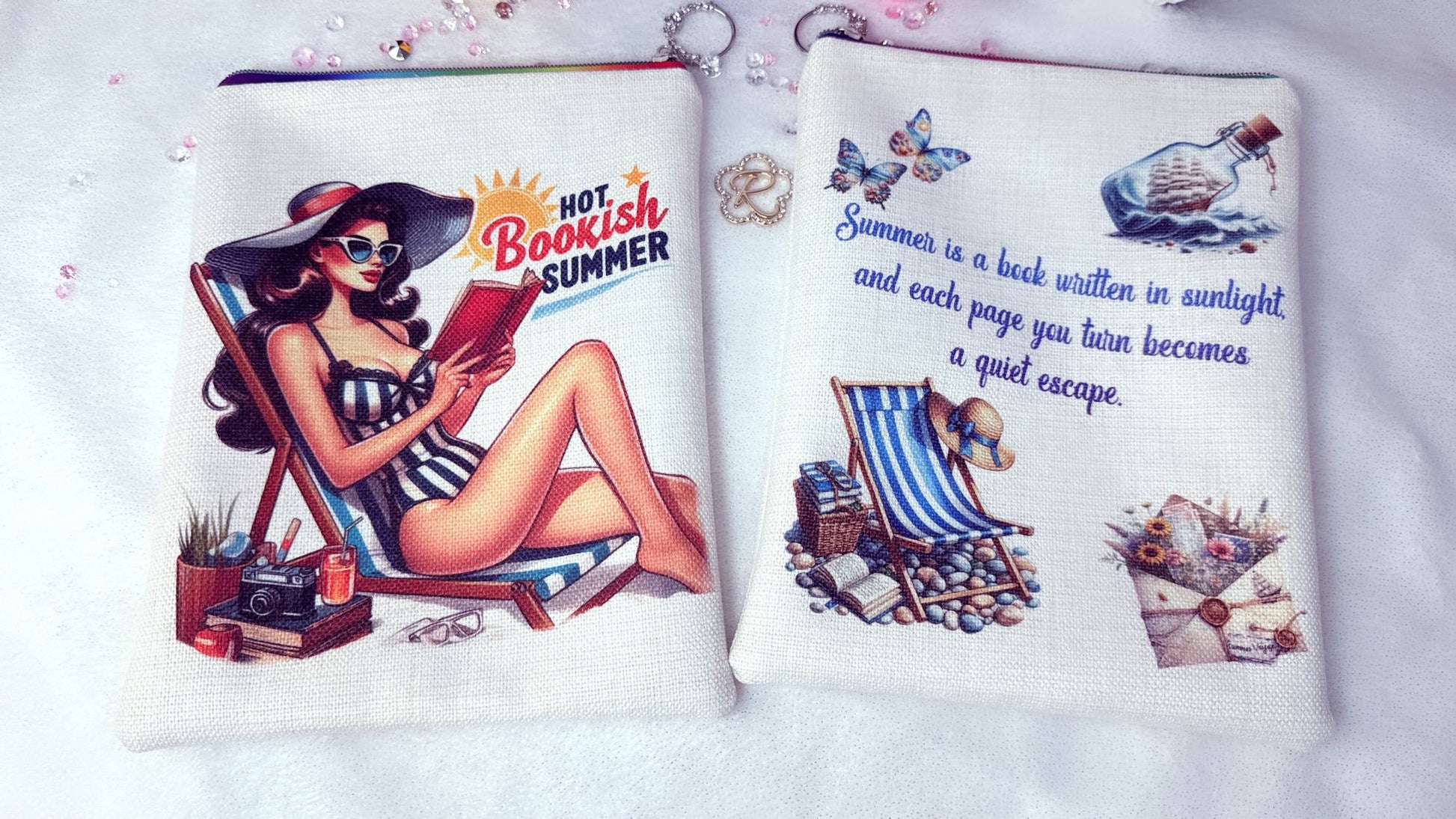 handmade book sleeve UK, summer book protector, personalised book sleeve gift, book pouch for travel, bookish gift ideas UK, beach reading accessories, book lover gift handmade, Hot booksh summer, girl read on the beach, Personalised gifts by RoxanaRoveno