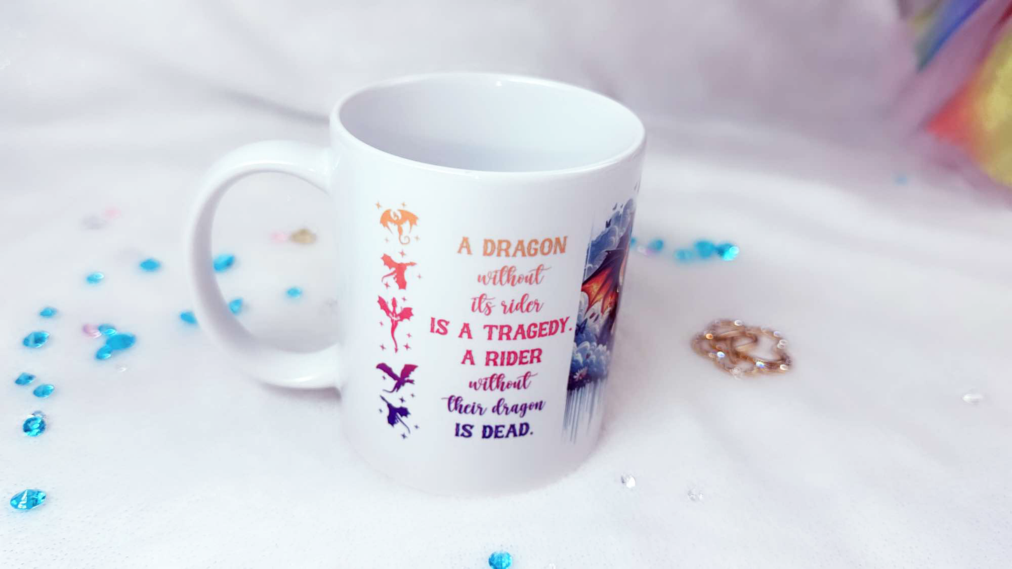 Personalised git by Roxana Roveno designed with dragons and lovers inspired by Fourth Wing book perfect book for a Book Lover perfect gift for Valentine' Day Quote 'a dragon without its rider is a tragedy. a rider without their dragon is dead' left side 