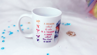 Personalised git by Roxana Roveno designed with dragons and lovers inspired by Fourth Wing book perfect book for a Book Lover perfect gift for Valentine' Day Quote 'a dragon without its rider is a tragedy. a rider without their dragon is dead' left side 