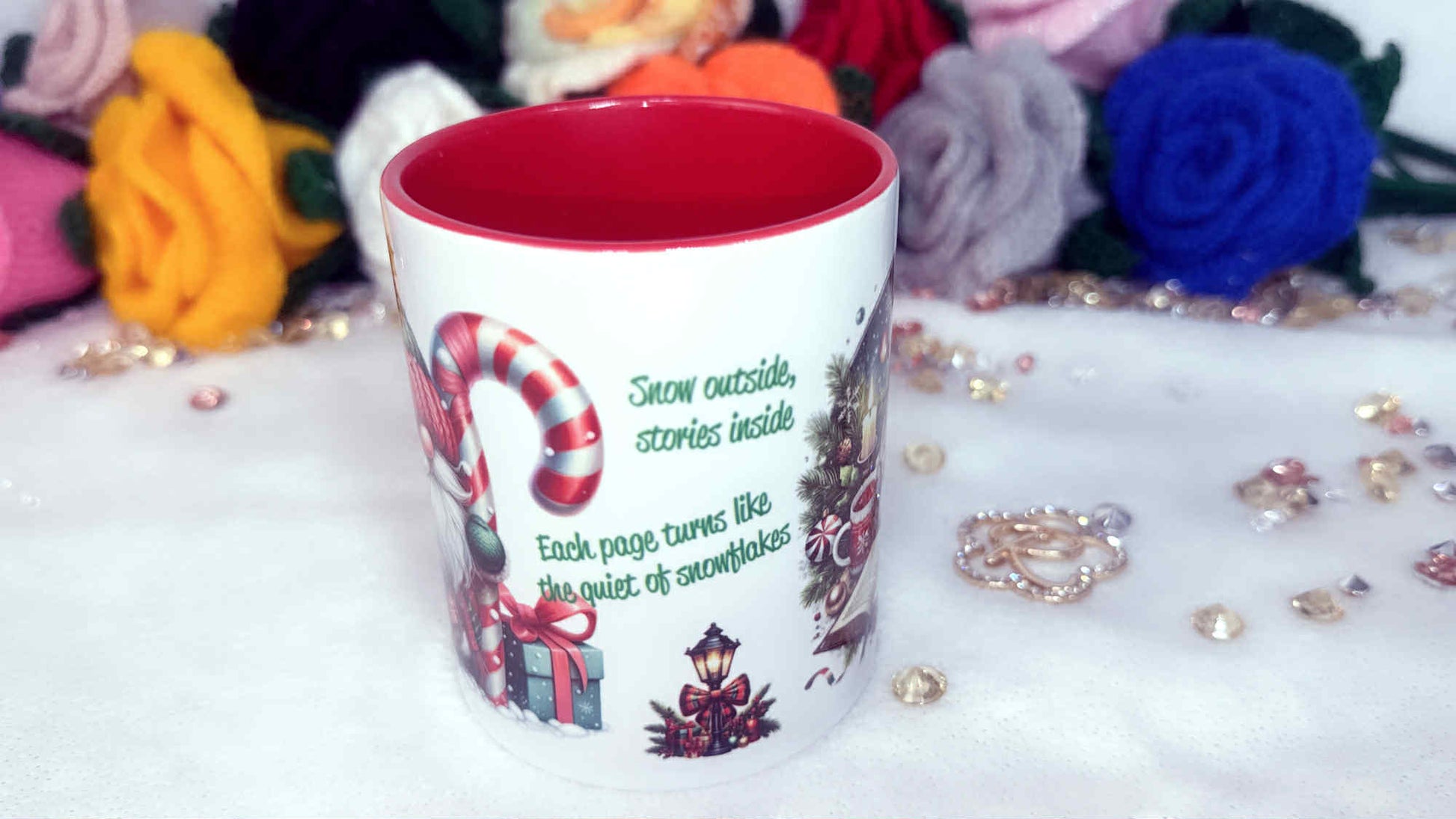 Mug with candy cane design and text on a decorative background