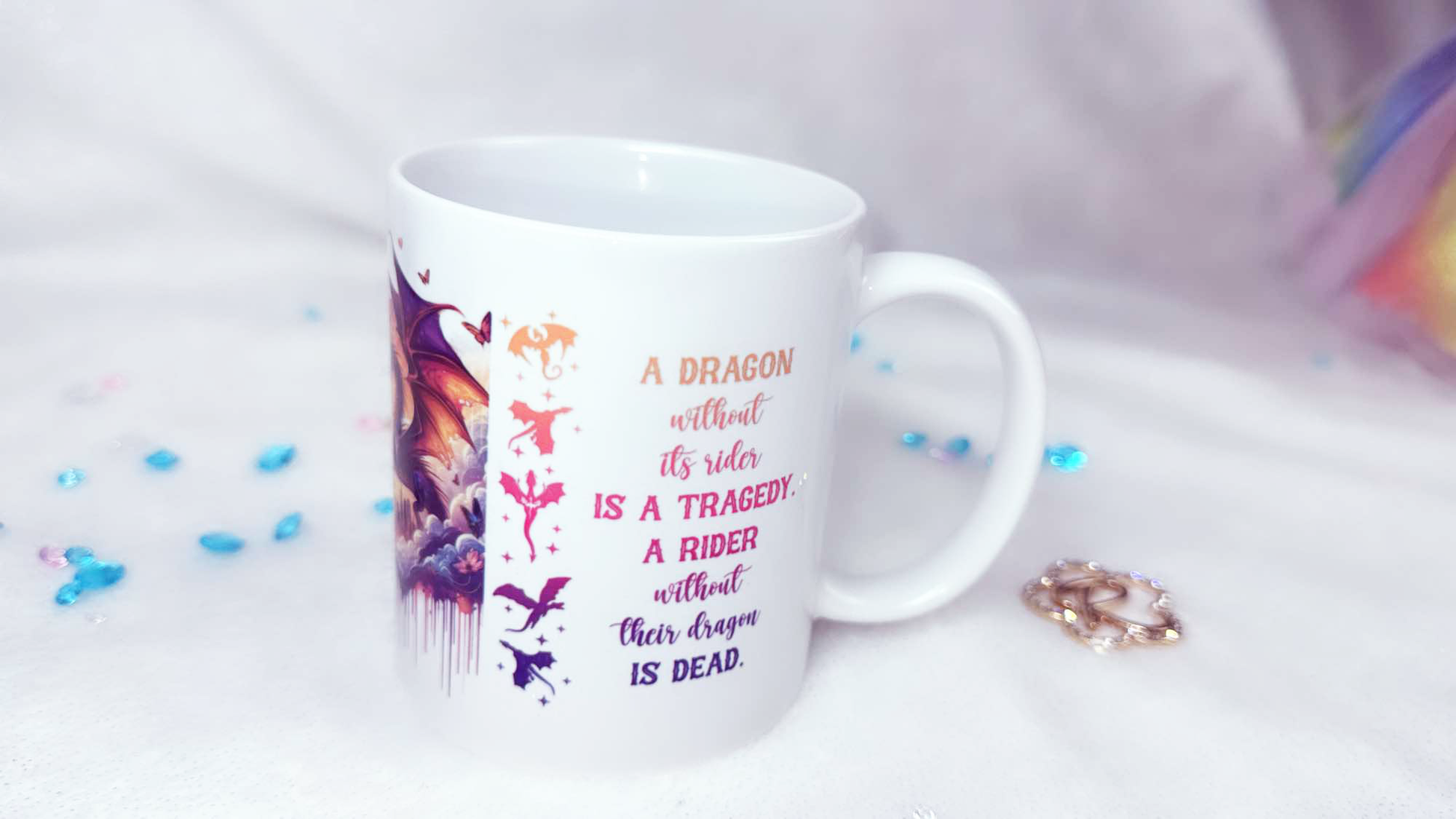 Personalised git by Roxana Roveno designed with dragons and lovers inspired by Fourth Wing book perfect book for a Book Lover perfect gift for Valentine' Day Quote 'a dragon without its rider is a tragedy. a rider without their dragon is dead'
