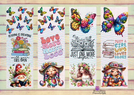 Set of colorful bookmarks with motivational quotes and illustrations on a wooden surface. Quotes Bookmarks Set Personalised by Roxana Roveno Unique Design specia gift for a book Lover perfect gift for reader