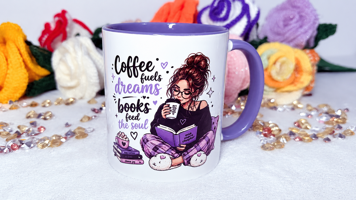 Coffee and Books purple book lover mug with reader design – right side view