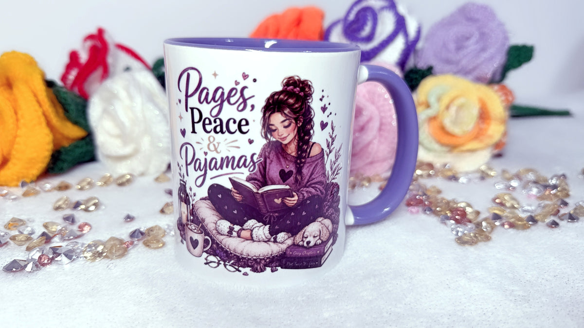 Purple book lover mug with Pages Peace and Pajamas reader design printed on both sides