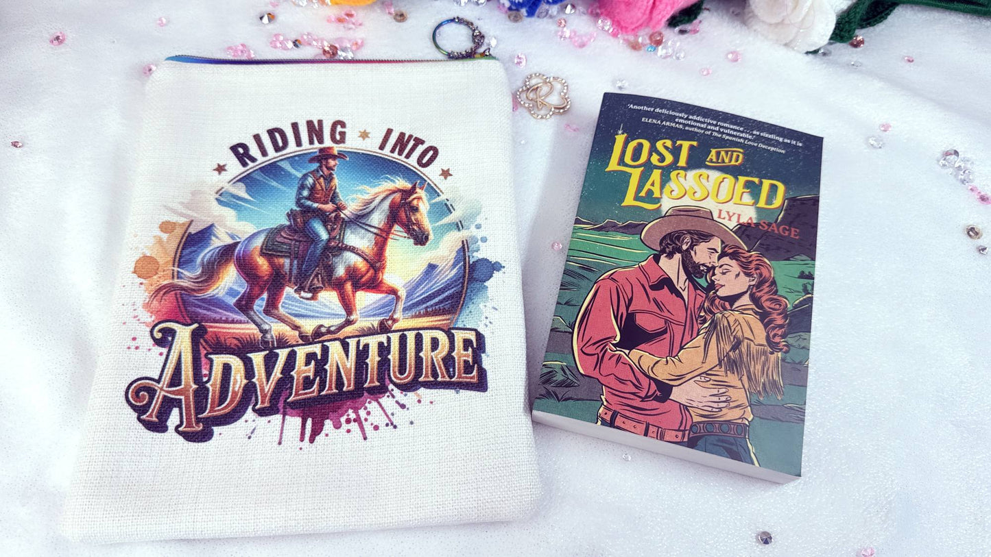 Whether you love beach reads, cowboy romances or dreamy seaside escapes, this book sleeve adds a touch of summer magic to your reading routine. handmade book sleeve designed by Roxana Roveno, riding into the adventure coboy perfect gft for book lover 