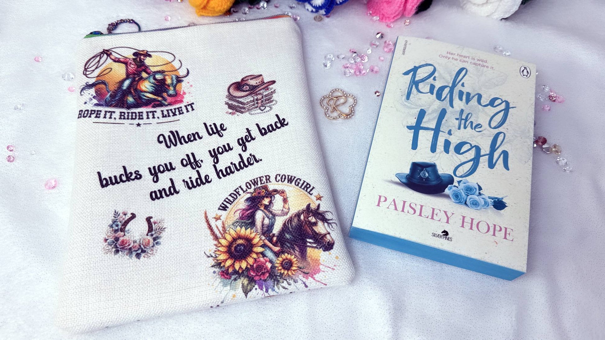 handmade book sleeve UK, summer book protector, personalised book sleeve gift, book pouch for travel, bookish gift ideas UK, beach reading accessories, book lover gift handmade, western girl, boho girl, cowgirl, cobo, by Roxana Roveno, perfect gift, wildflower, quote