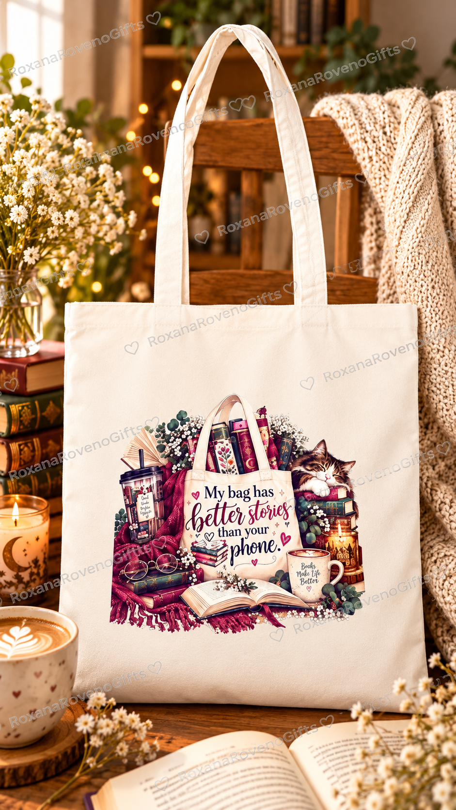 Cosy Cat Design

Book lover tote bag featuring a sleeping cat, stacked books, autumn flowers and the quote This Bag Contains Fictional Problems.