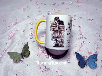 flower girl with a stack books personalised mug for a book lover by roxana roveno