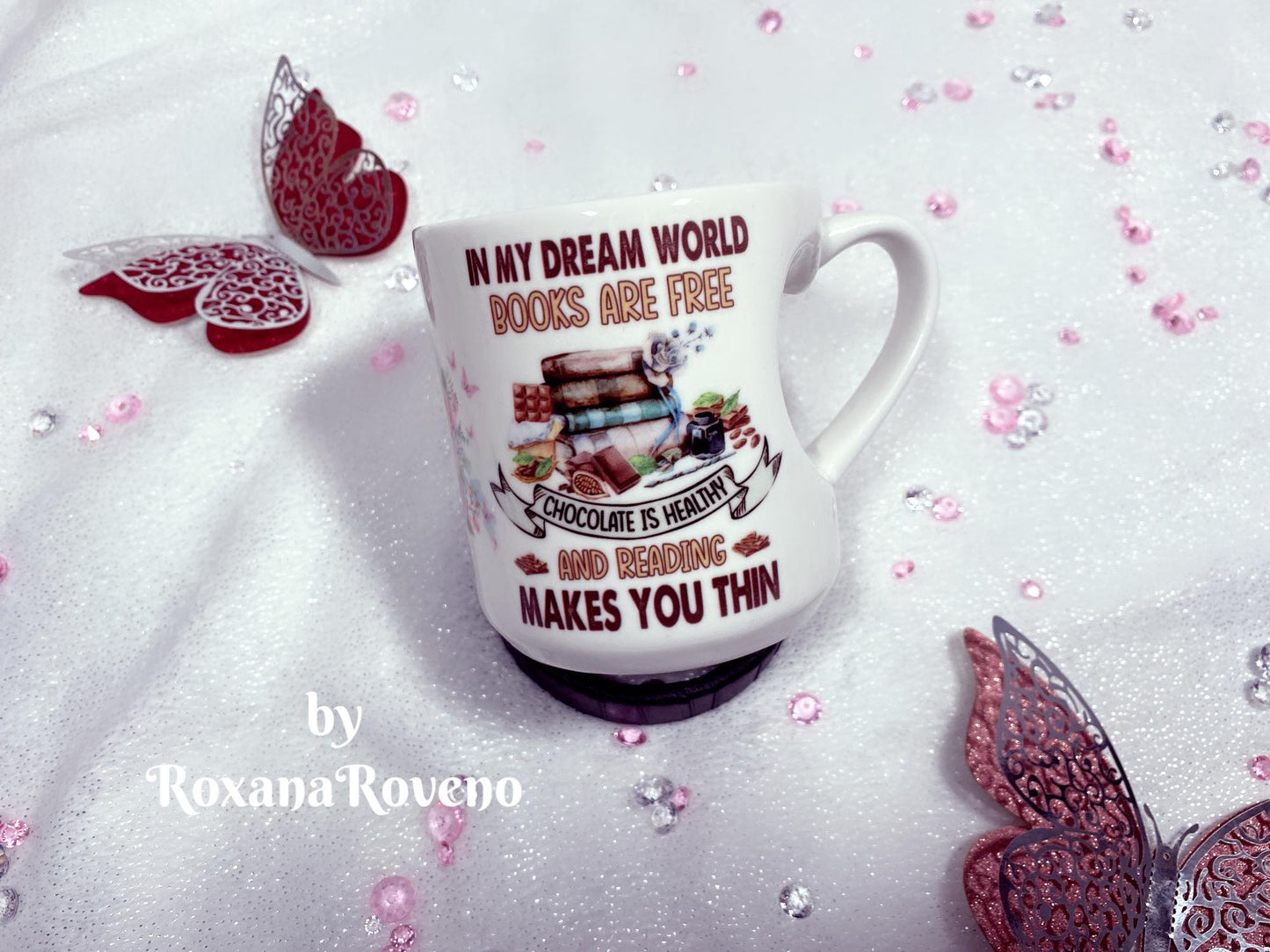 personalised coffee mug designed by roxana oveno special gift for coffee lover and a book lover heart handle mug left side 