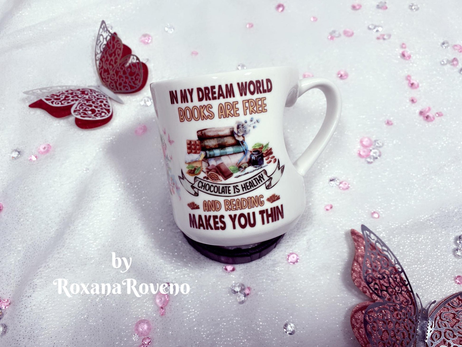personalised coffee mug designed by roxana oveno special gift for coffee lover and a book lover heart handle mug left side 