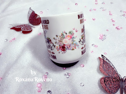 personalised coffee mug designed by roxana oveno special gift for coffee lover and a book lover heart handle mug flower mug middle side 