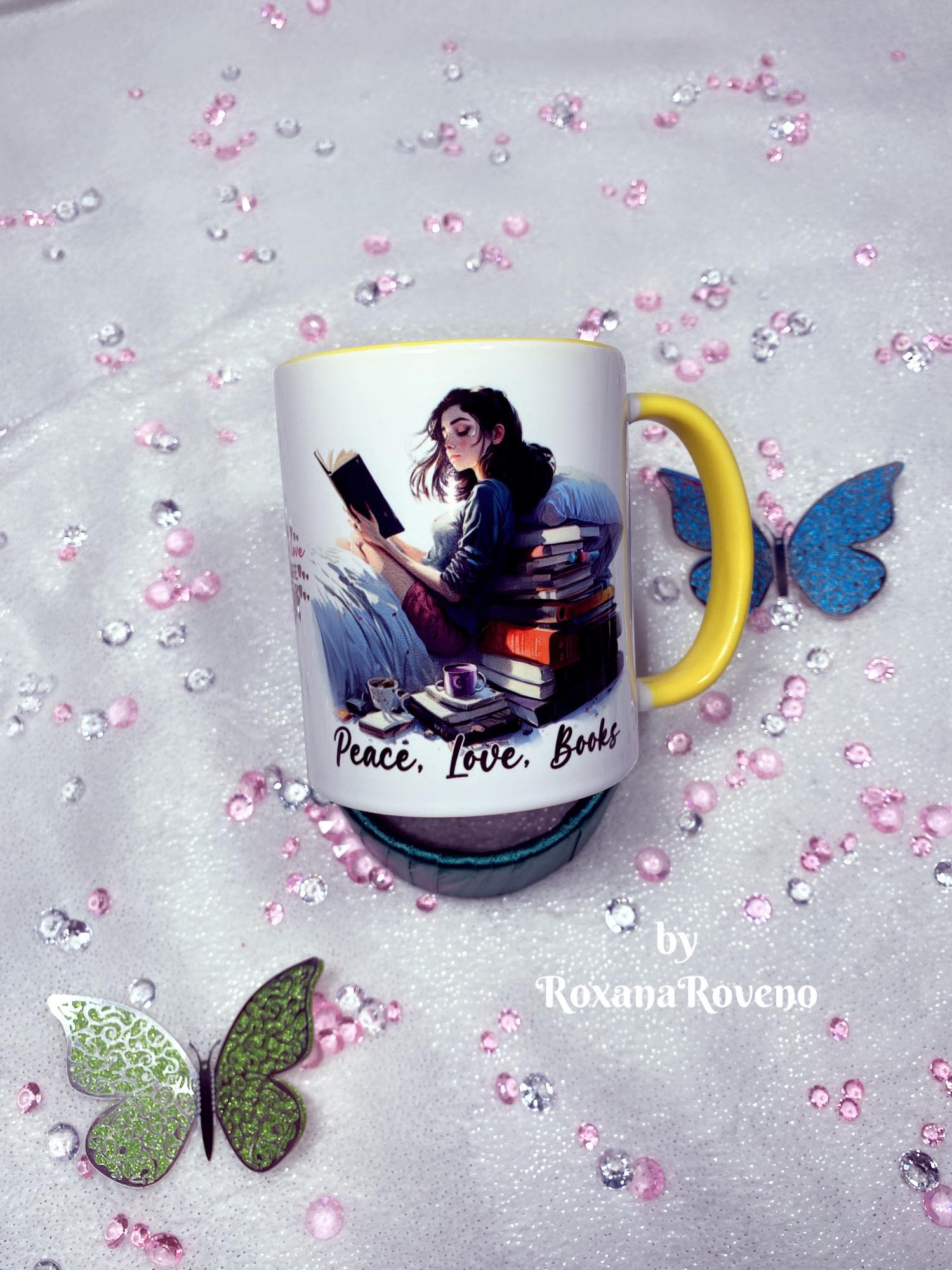 back side mug design peace love books girl reading personalised gift for book lover north London book shop accessories by roxana roveno