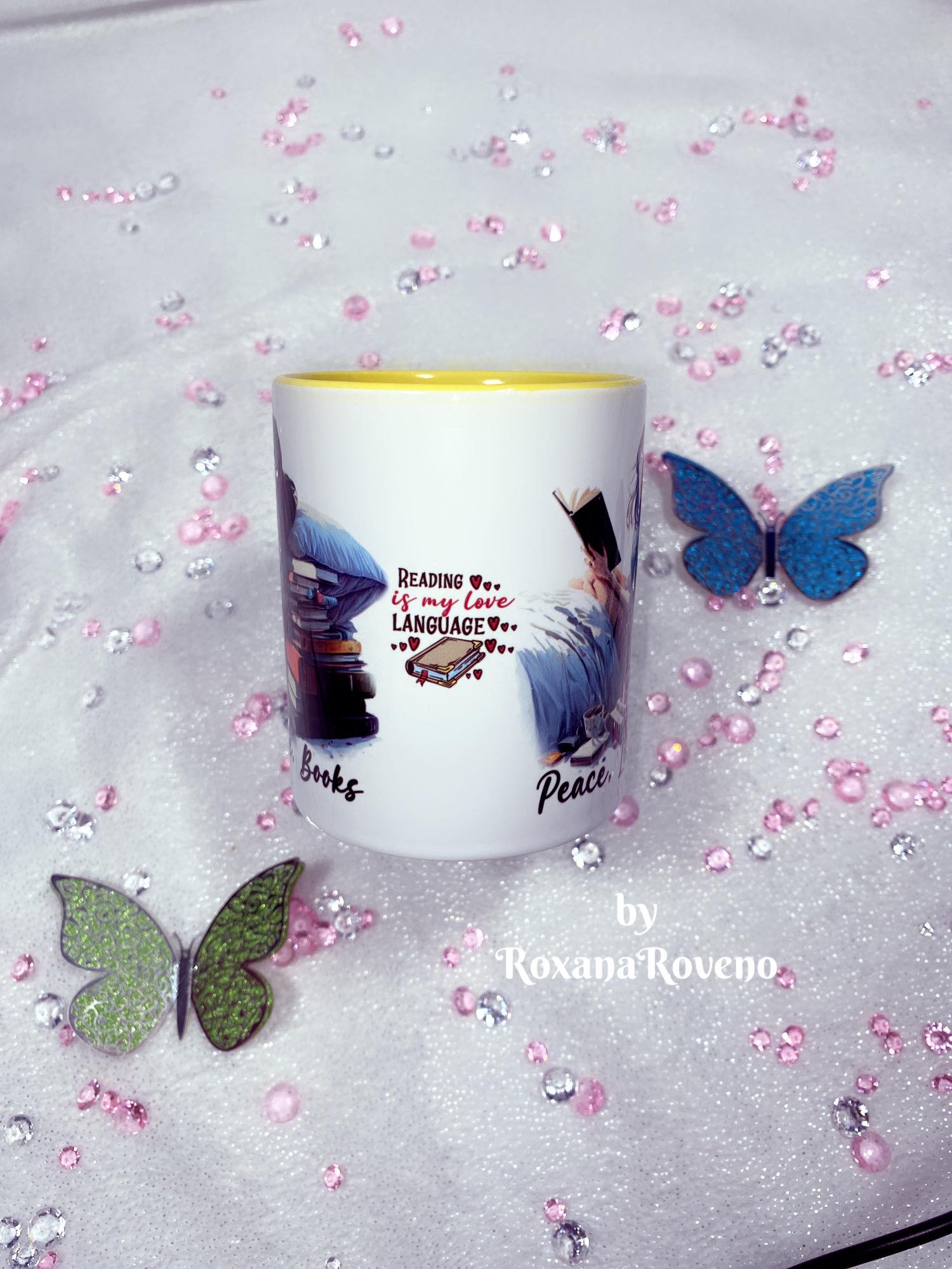 Quotes mug middle side peace love books girl reading personalised gift for book lover north London book shop accessories by roxana roveno