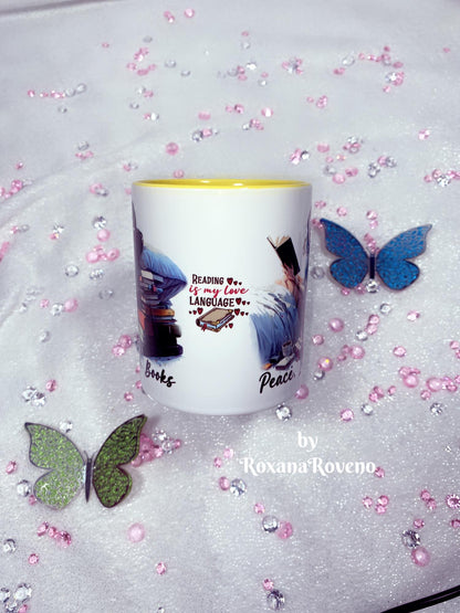 Quotes mug middle side peace love books girl reading personalised gift for book lover north London book shop accessories by roxana roveno