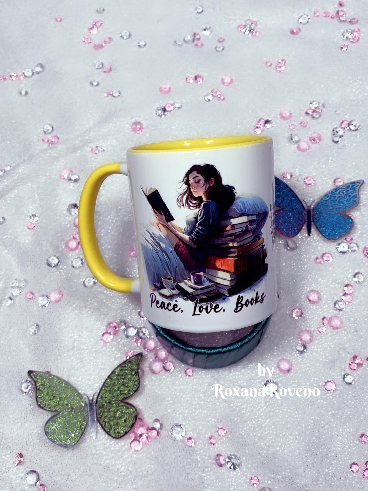 peace love books girl reading personalised gift for book lover north London book shop accessories by roxana roveno