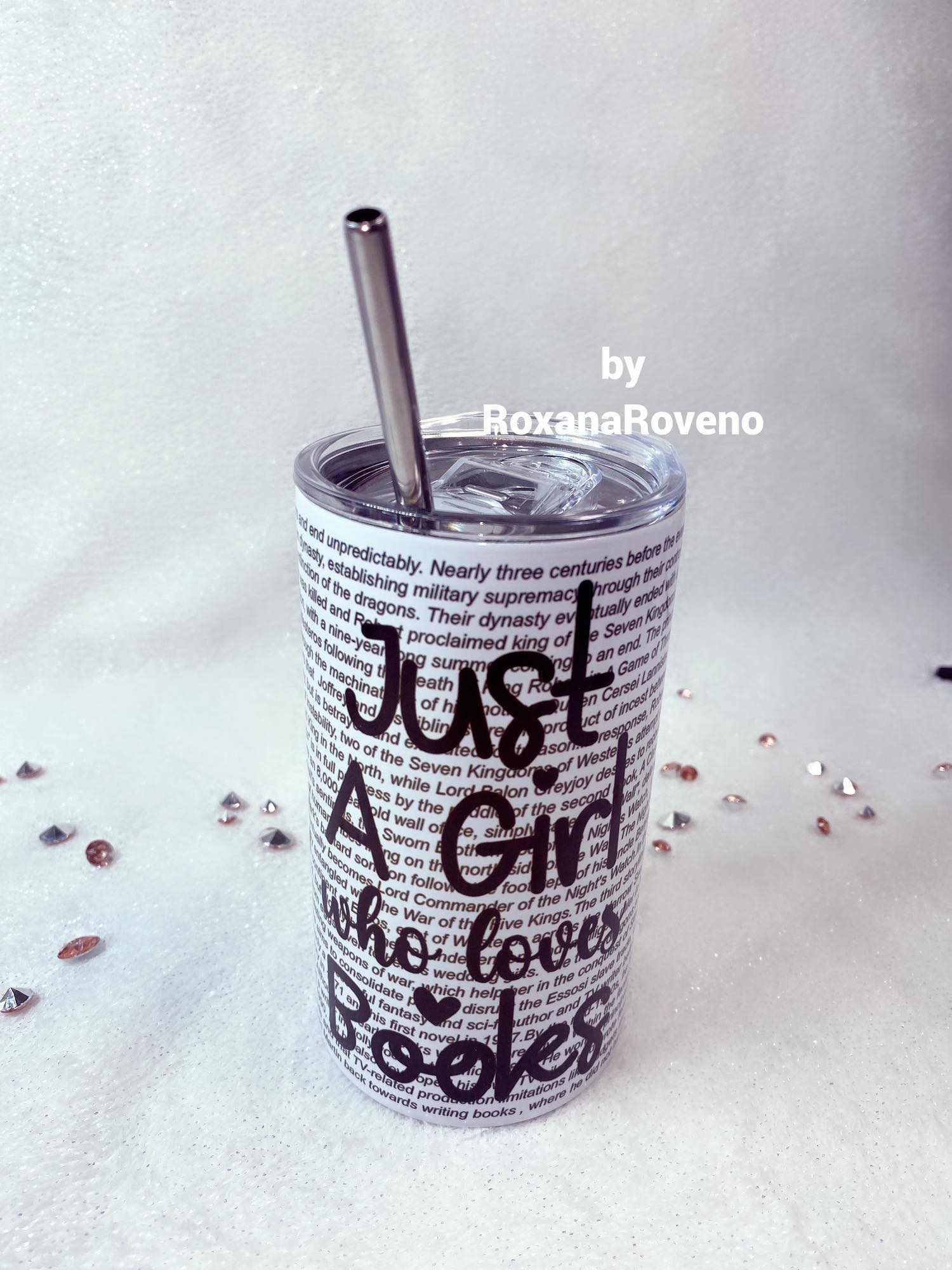 Stainless Steel Tumbler personalised y roxana roveno designed with a girl eith books in her hair perfect gift for travel drink and books and quote 'Just a girl who loves books'