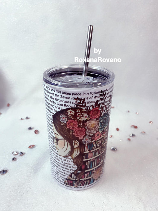 Stainless Steel Tumbler personalised y roxana roveno designed with a girl eith books in her hair perfect gift for travel drink and books