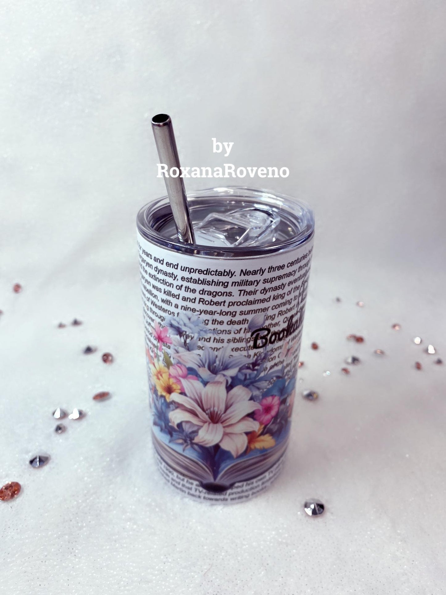  stainless steel personalised tumbler designed by roxana roveno with a gril who read a book perfect gift for drink and travel flowers and write bookaholic