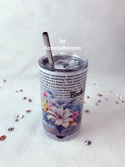 stainless steel personalised tumbler designed by roxana roveno with a gril who read a book perfect gift for drink and travel flowers and write bookaholic