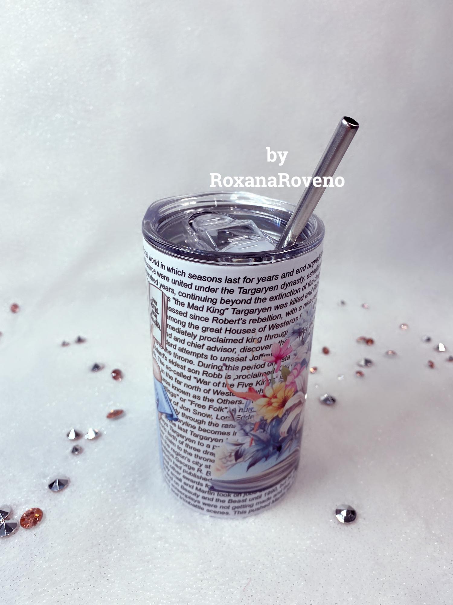  stainless steel personalised tumbler designed by roxana roveno with a gril who read a book perfect gift for drink and travel flowers and write