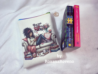 personalised handmade book sleeve special designed by Roxana Roveno perfect gift for Valentine's Day Perfect gift for a book lover special designed face with girl reading and fits well 2 medium books 