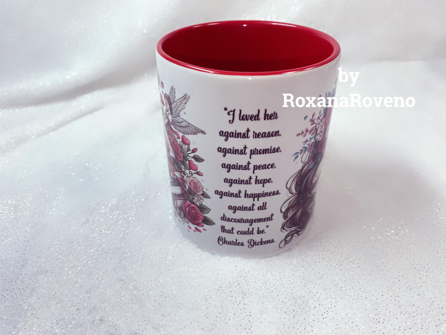 Personalised mug by Roxana roveno with a flower girl reading perfect gift for a book lover o coffee lover quote mug special for Valentine's day