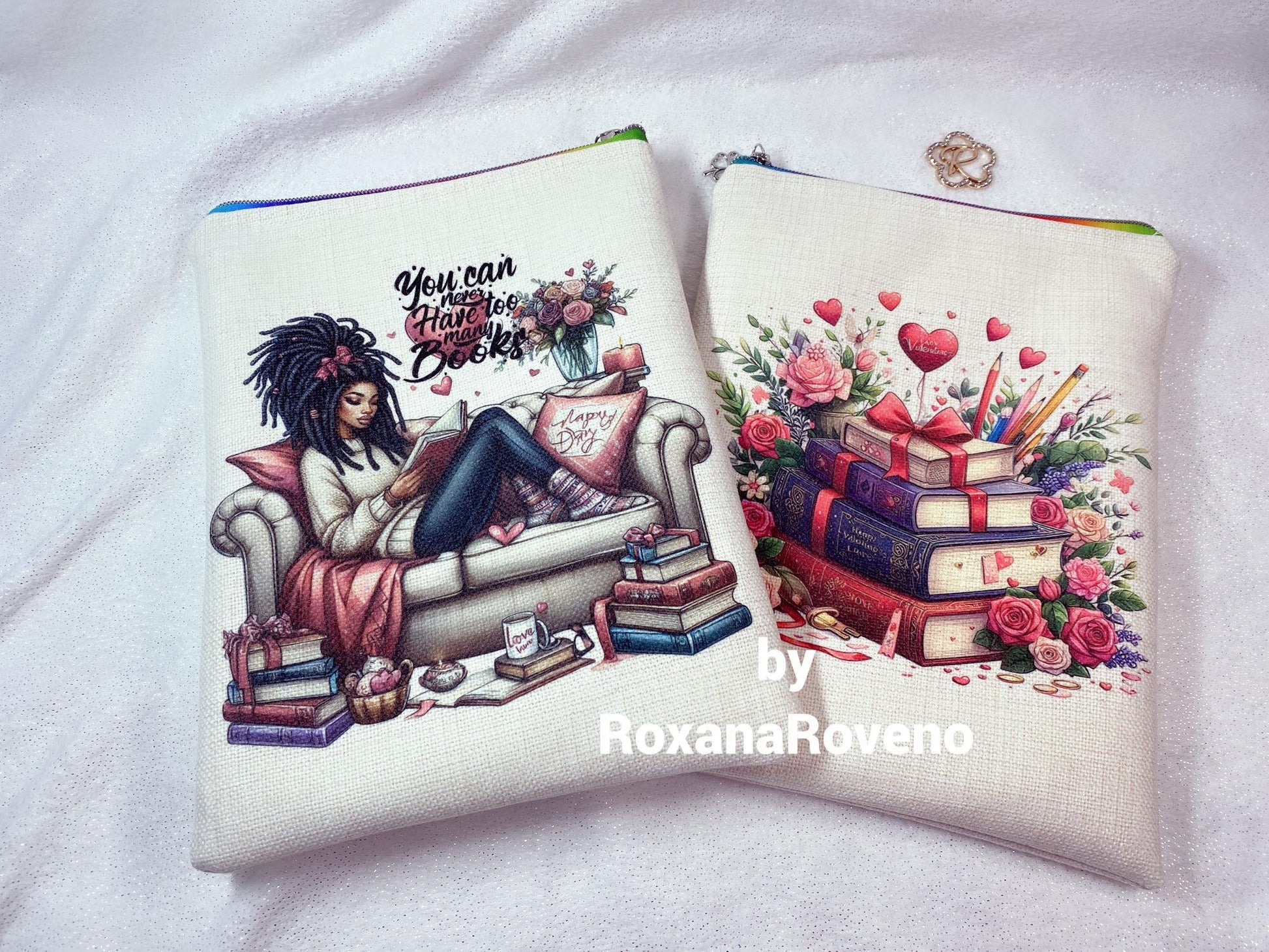 personalised handmade book sleeve special designed by Roxana Roveno perfect gift for Valentine's Day Perfect gift for a book lover special designed face and back with girl reading and stack of books with flowers