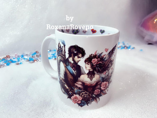 Personalised mugs by Roxana Roveno with lovers perfect gift for him and her special gift for Vaentine's Day flowers and love