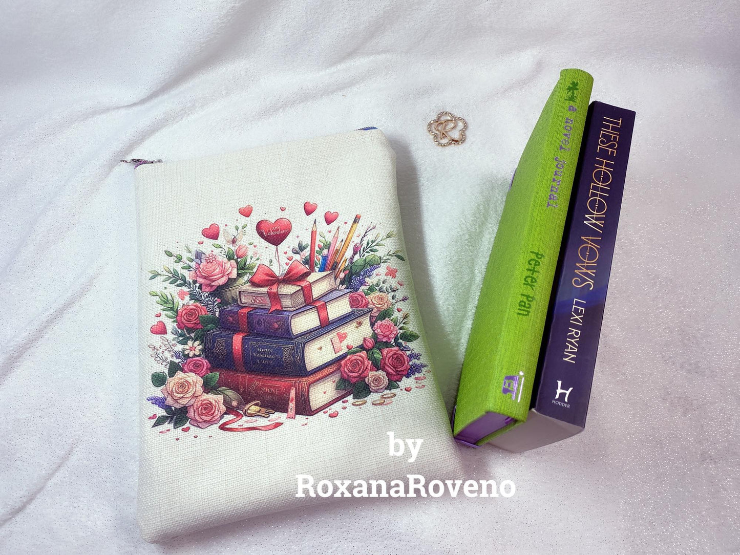 personalised handmade book sleeve special designed by Roxana Roveno perfect gift for Valentine's Day Perfect gift for a book lover special designed back with stack of books with flowers fits well 'these hollow vows' book and a notebook