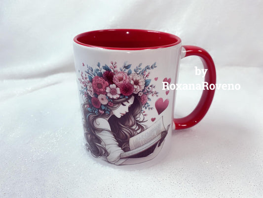 Personalised mug by Roxana roveno with a flower girl reading perfect gift for a book lover o coffee lover 